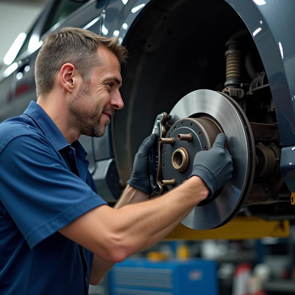 Mechaniker prüft einen Bremssattel