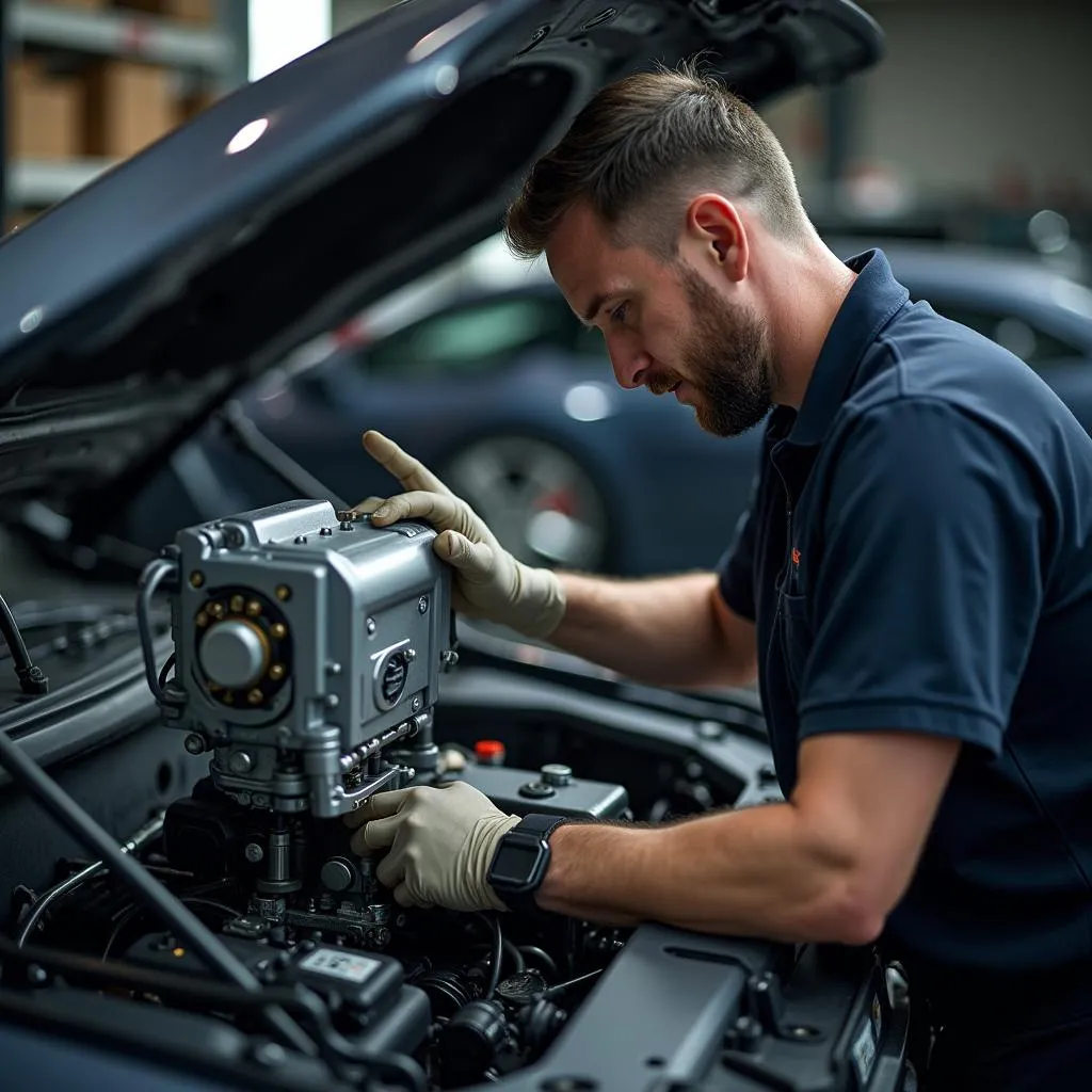 Mechaniker prüft Motor auf E10-Verträglichkeit