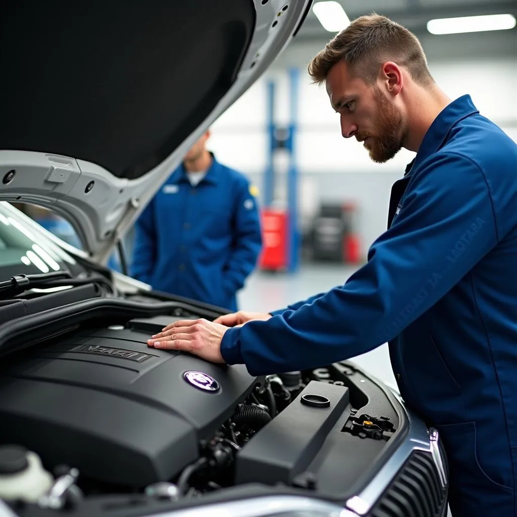 Mechaniker prüft Skoda Octavia Motor