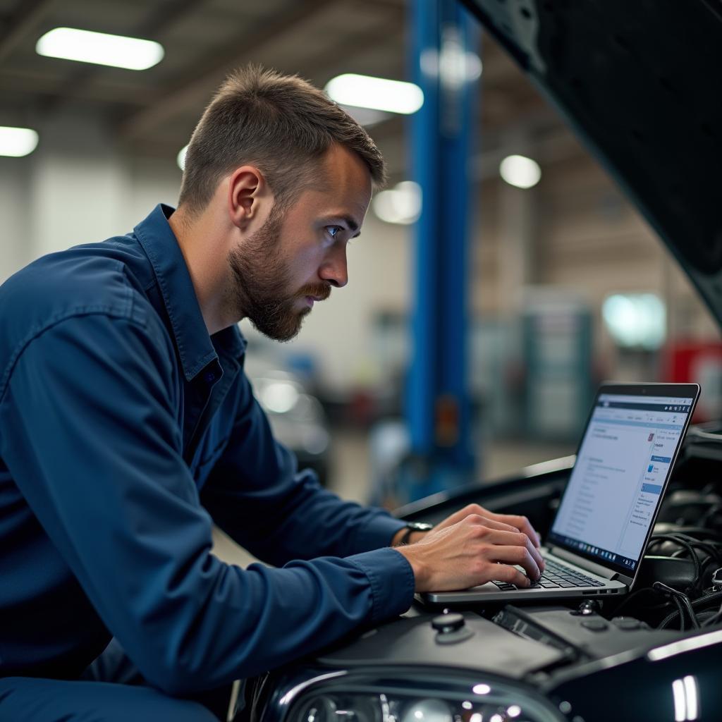 Mechaniker bei der Reparatur mit Laptop