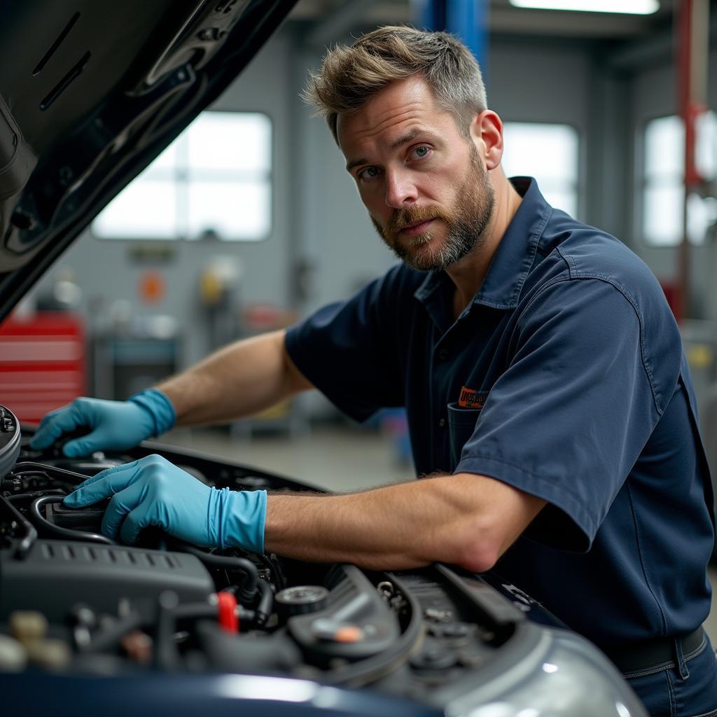 Automechaniker bei der Arbeit an einem Fahrzeug