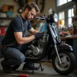 Mechaniker repariert einen Roller 125ccm Retro