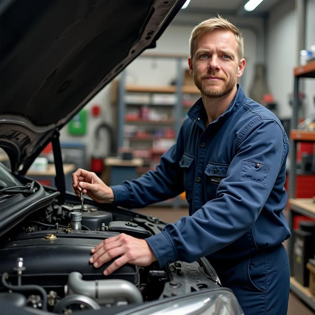 Mechaniker repariert Motor in Werkstatt