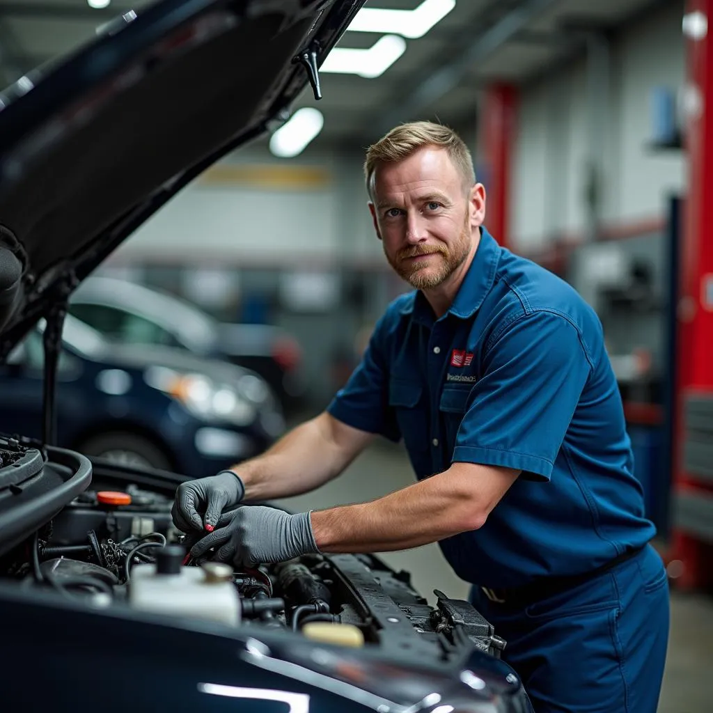 Mechaniker repariert Motor in der Werkstatt