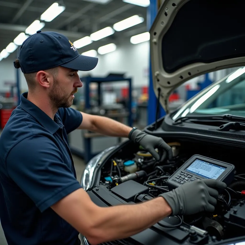 Meccanico professionista al lavoro sulla riparazione di una Opel Corsa Eco in un'officina.