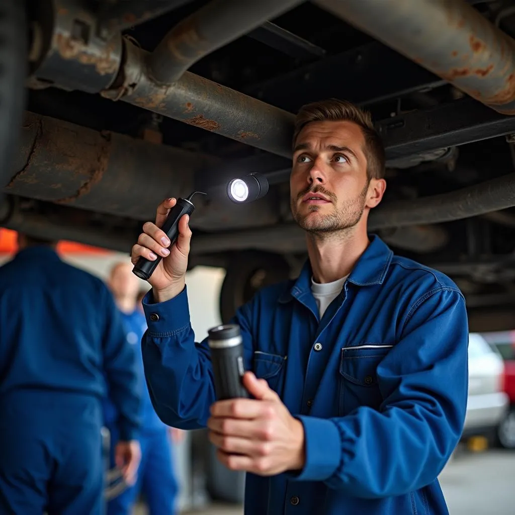 Mechaniker untersucht gebrauchten Autotrailer