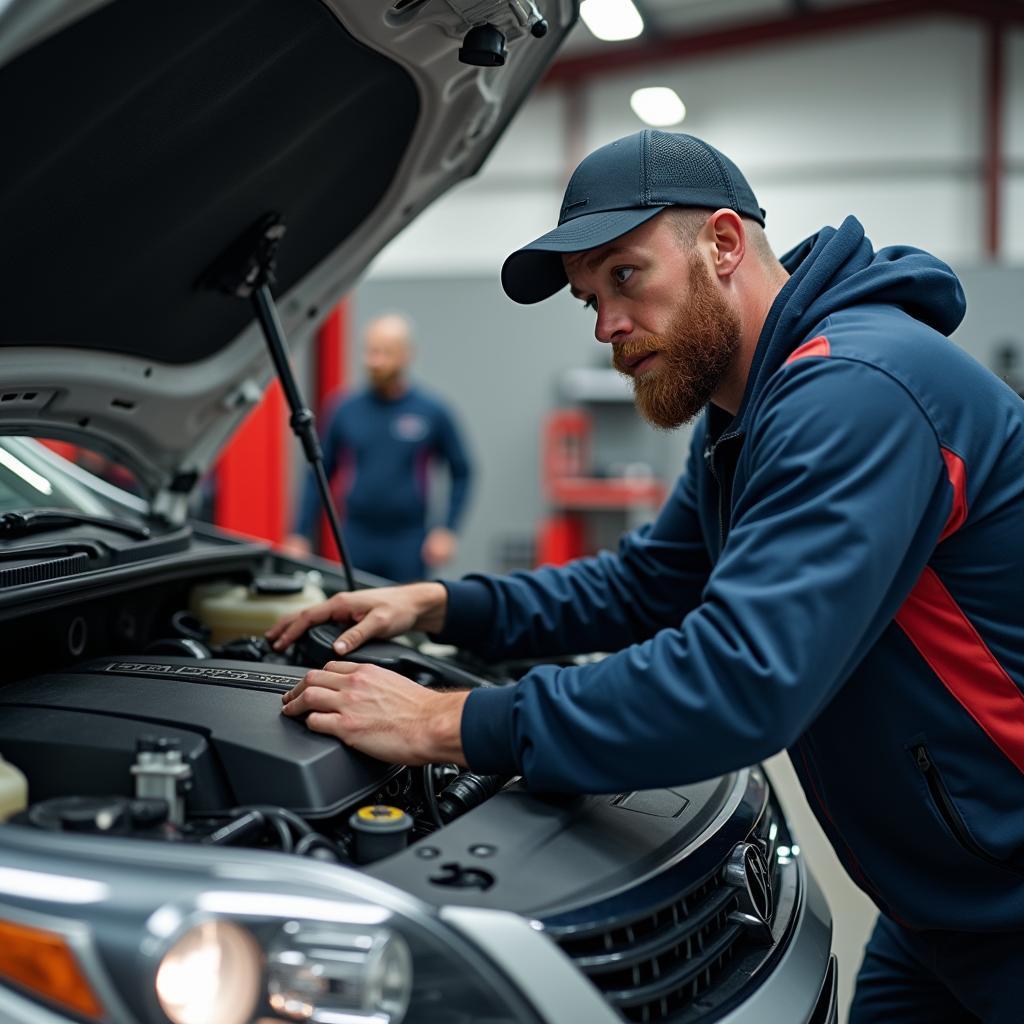 Mechaniker untersucht den Motor eines Autos