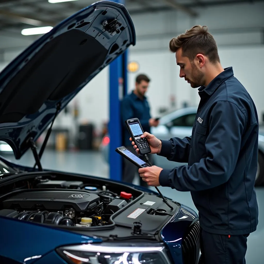 Mechaniker untersucht den Motor eines schönen Autos