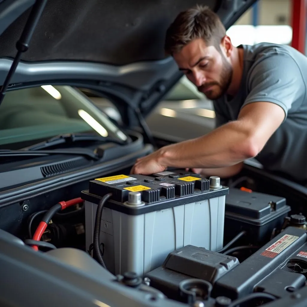 Mechaniker wechselt Autobatterie