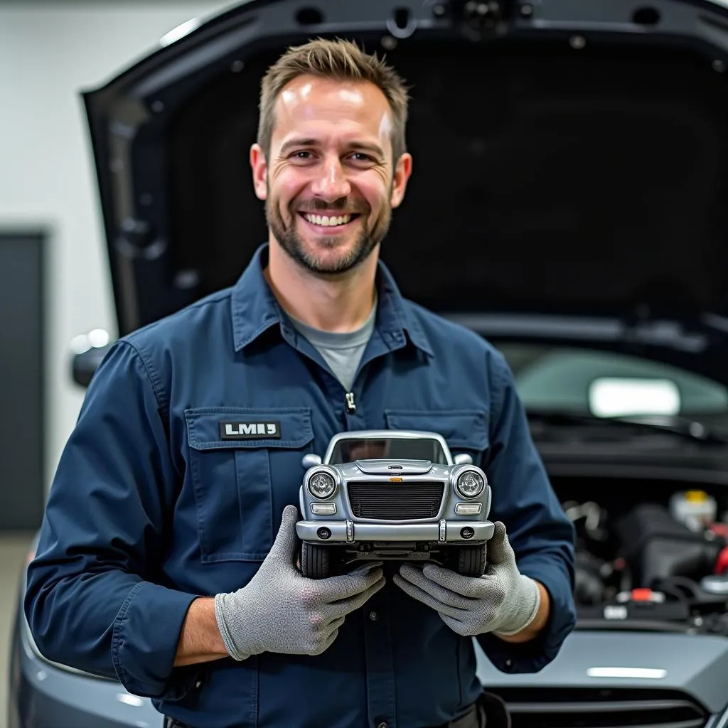 Mechaniker in Werkstatt mit Luftmassenmesser