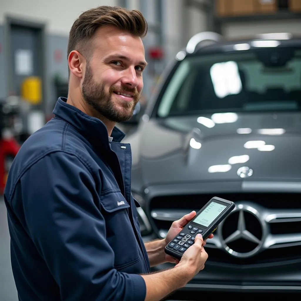 Diagnosegerät an einem Mercedes in einer Werkstatt in Arnsberg