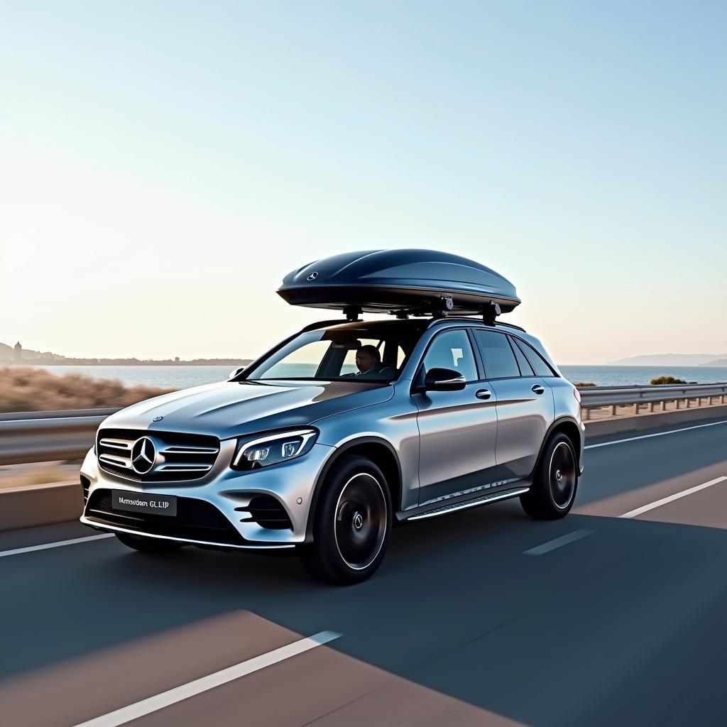 Mercedes GLC avec coffre de toit sur l'autoroute