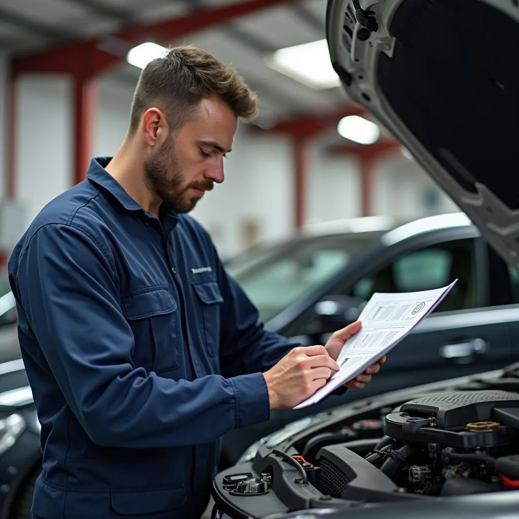 Mechaniker liest eine Reparaturanleitung für einen Mercedes