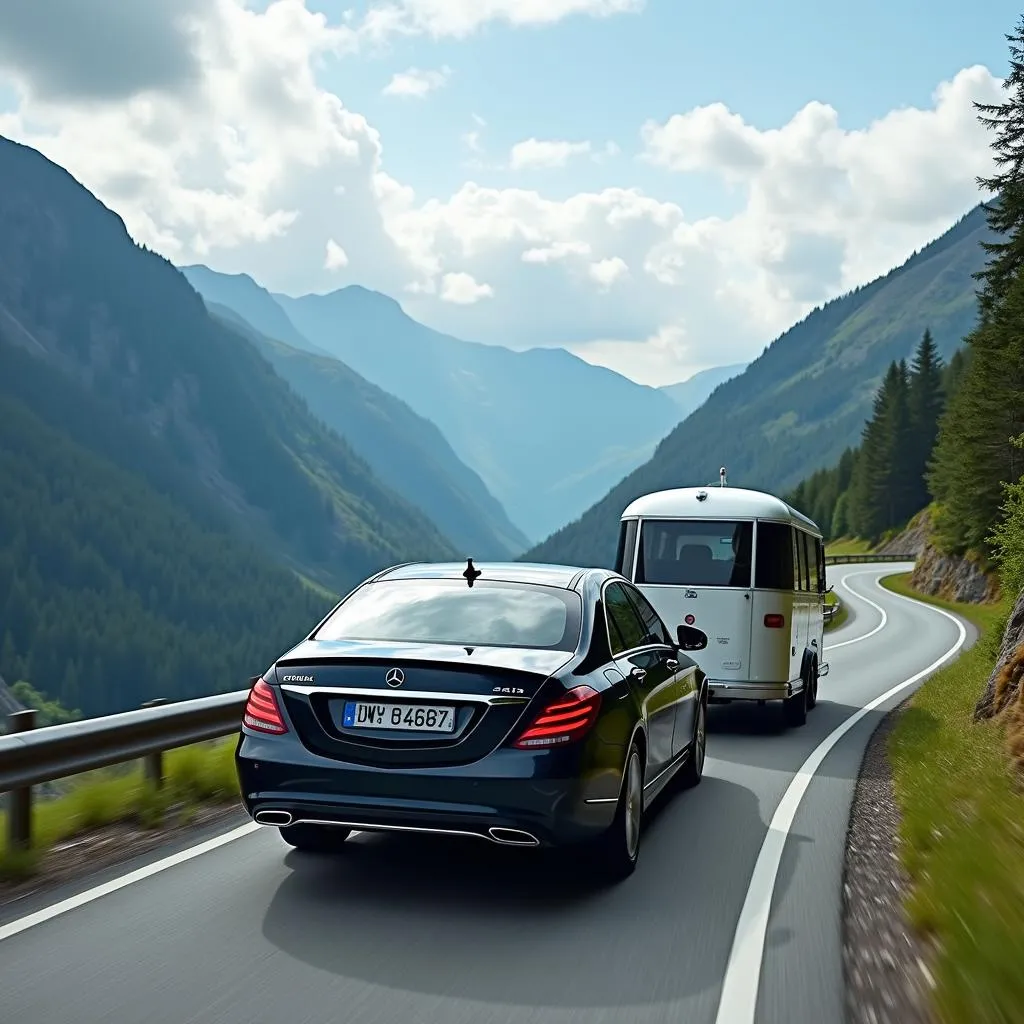 Mercedes W211 zieht Anhänger auf Bergstraße