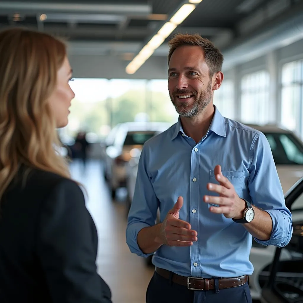 Michael Fröhlich berät Kunden im Autohaus