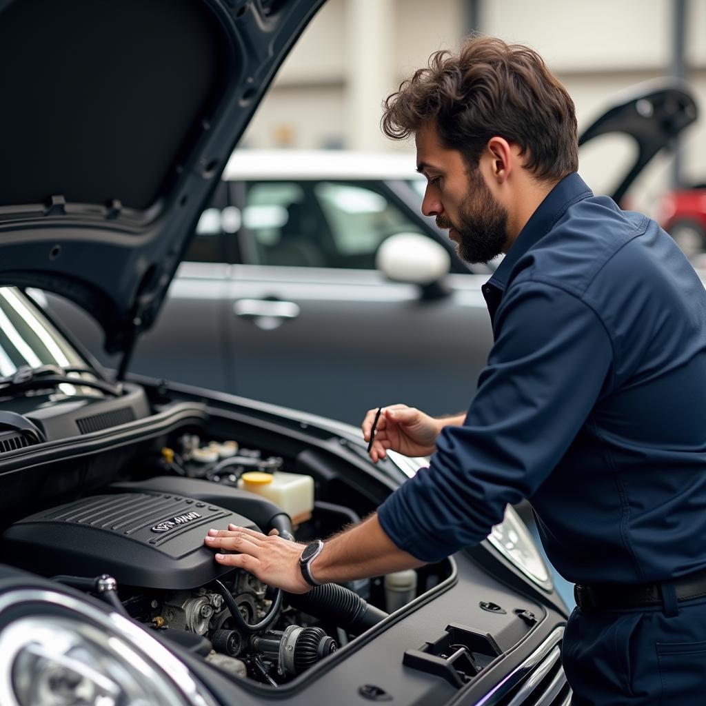 Inspectie van de motorruimte van een Mini Cabrio