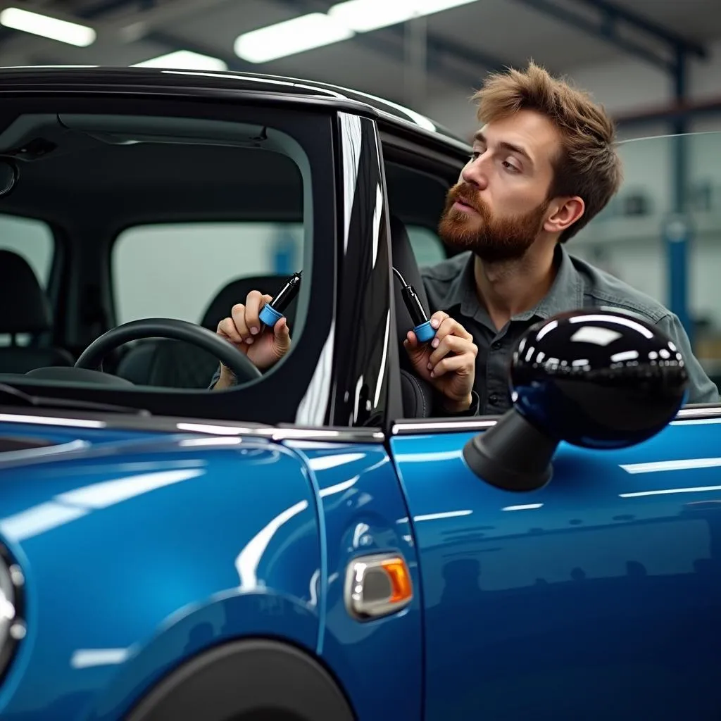 Reparatur eines Mini Cooper Schiebedachs in einer Werkstatt