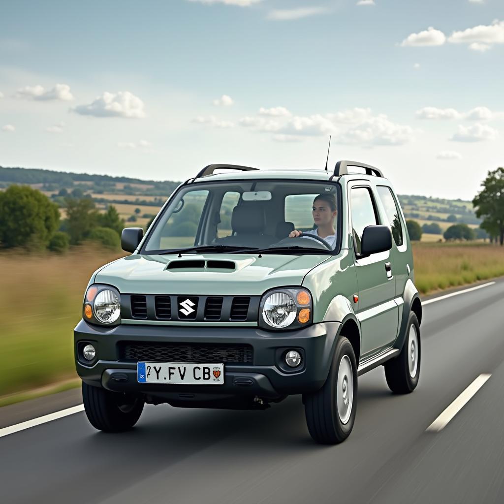 Ein Mini SUV von Suzuki fährt auf einer Landstrasse mit Bergen im Hintergrund