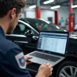 Moderne Autowerkstatt mit Laptop