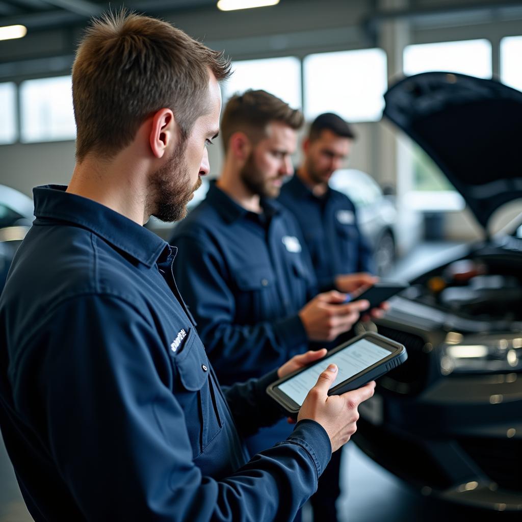 Mecânico utilizando equipamento de diagnóstico em oficina moderna