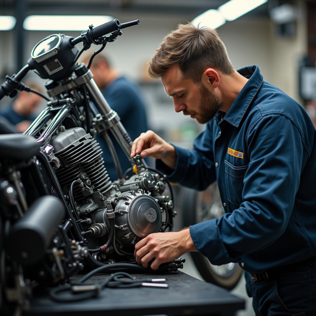 Mécanicien travaillant sur la rénovation d'un moteur de moto dans un atelier.