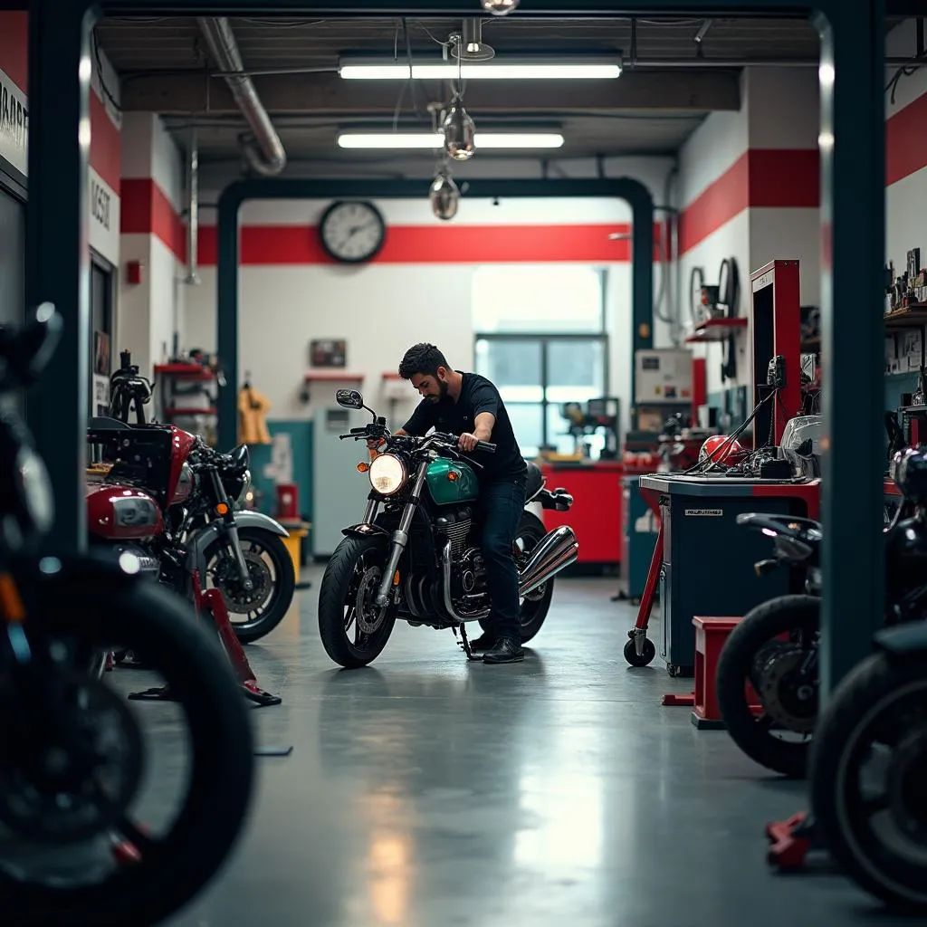 Motorcycle repair shop with a mechanic