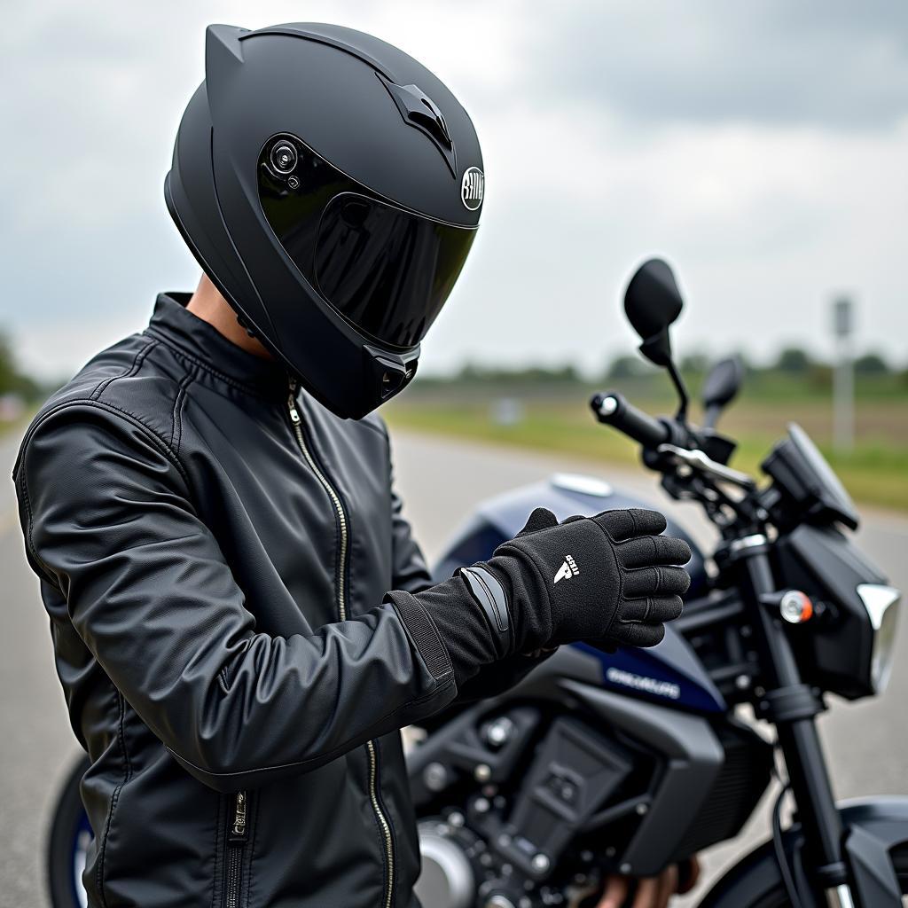 Motorradfahrer setzt seinen Helm auf, während er neben einer Yamaha MT07 steht