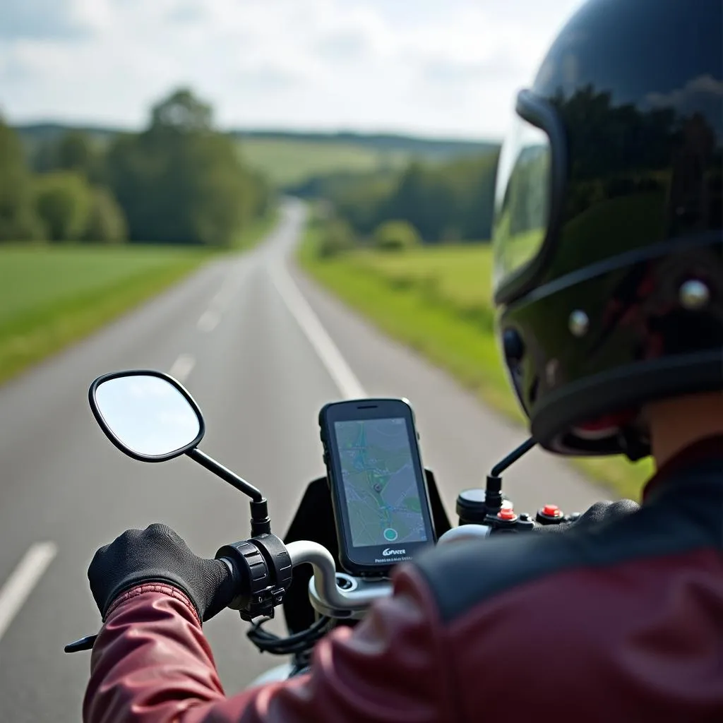 Motorradfahrer mit Navi auf Landstraße