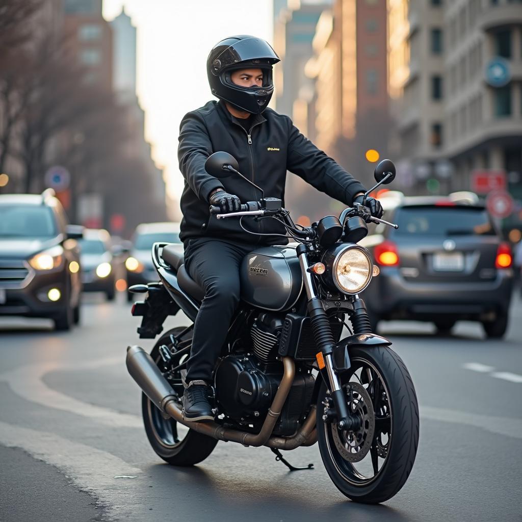 Motorradfahrer mit Pedalen im Stadtverkehr