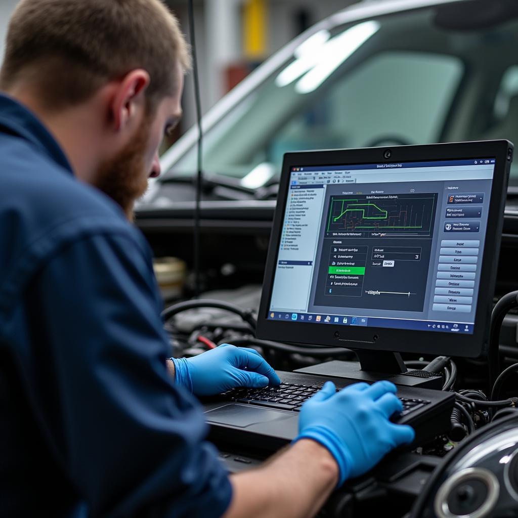 Mekaniker bruger OBD Delphi software til at diagnosticere en bil i et værksted