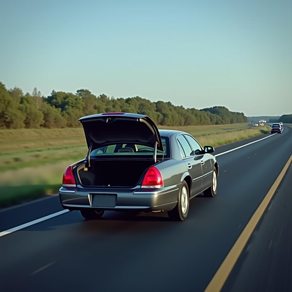 Auto mit offenem Kofferraum auf der Autobahn