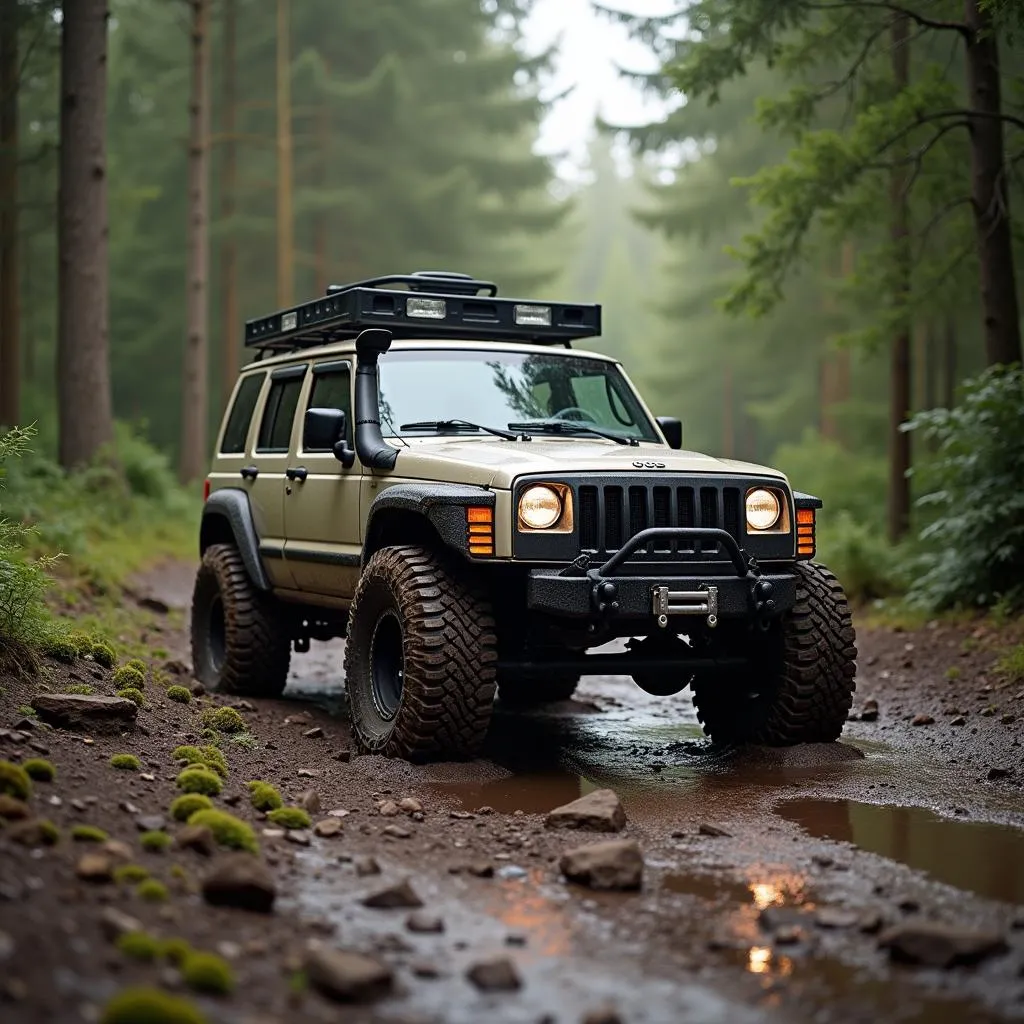 Offroad Ganzjahresreifen im Gelände: Ein Auto mit Offroad Ganzjahresreifen fährt durch eine matschige Strecke im Wald.