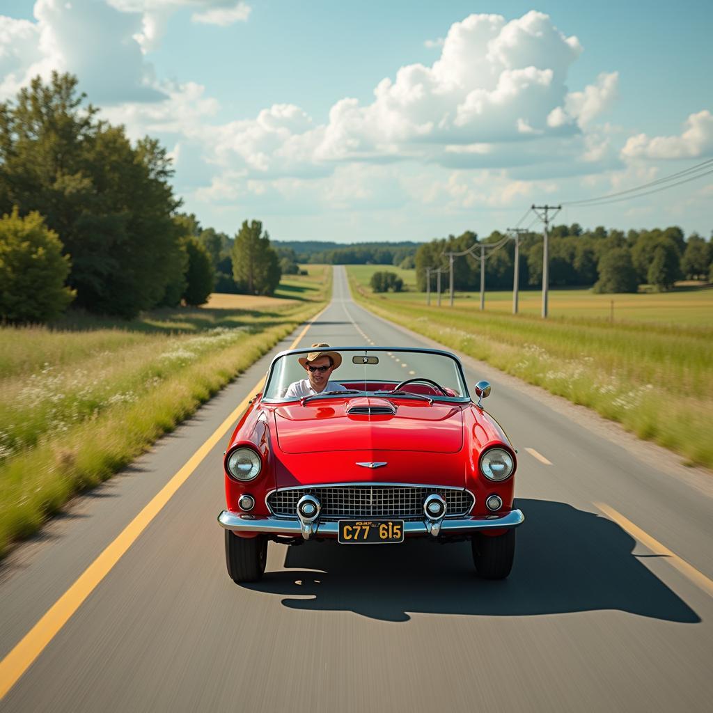 Ein roter Oldtimer auf einer malerischen Straße