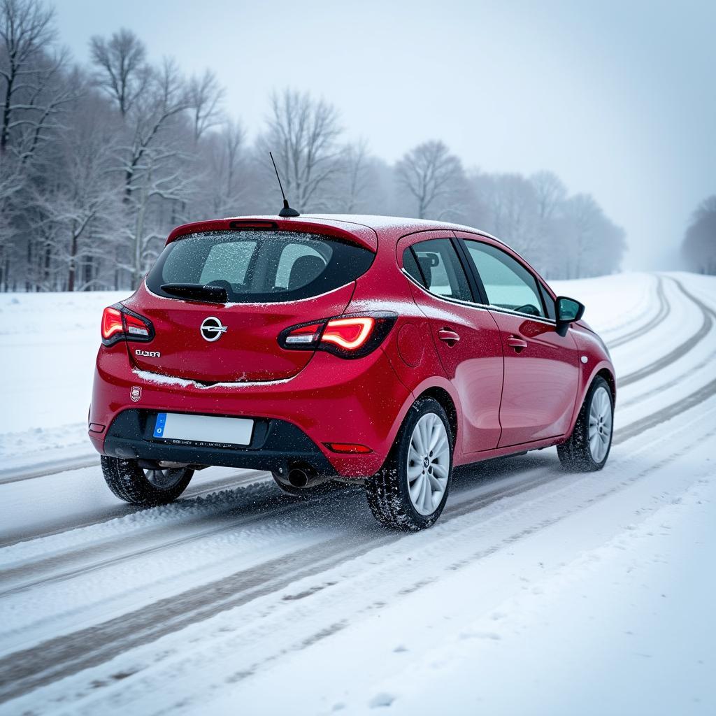 Opel Corsa F mit Winterreifen auf verschneiter Straße