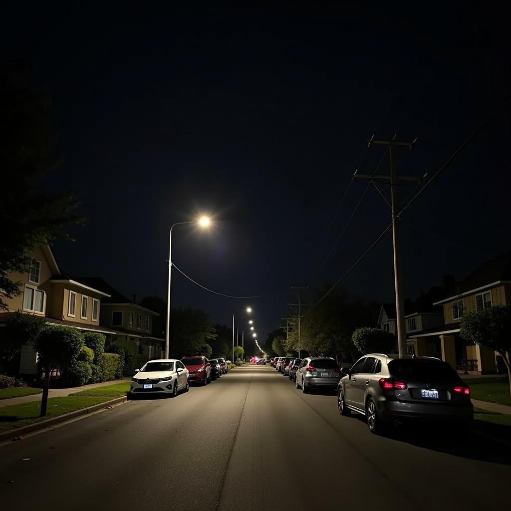 Parken im Wohngebiet bei Nacht: Eine ruhige Straße mit parkenden Autos am Straßenrand.