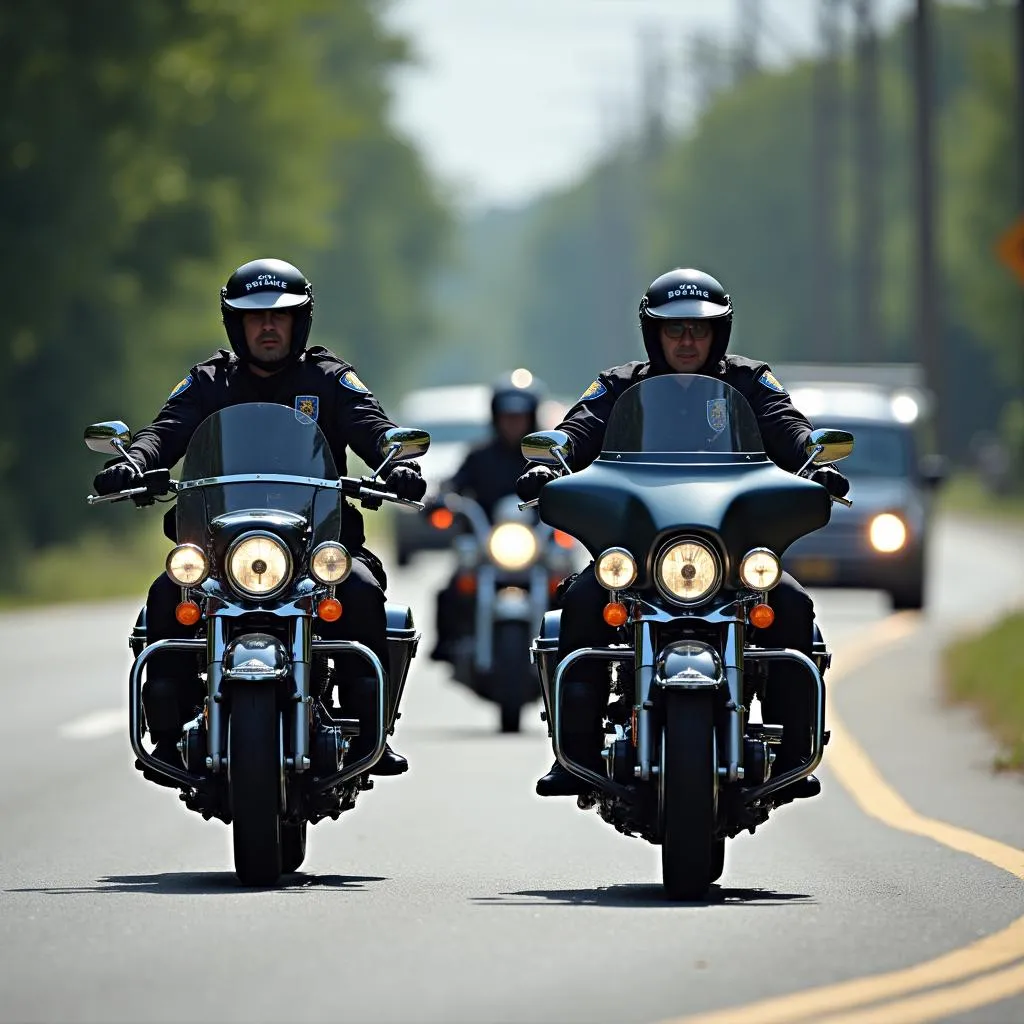 Polizisten kontrollieren Motorradfahrer