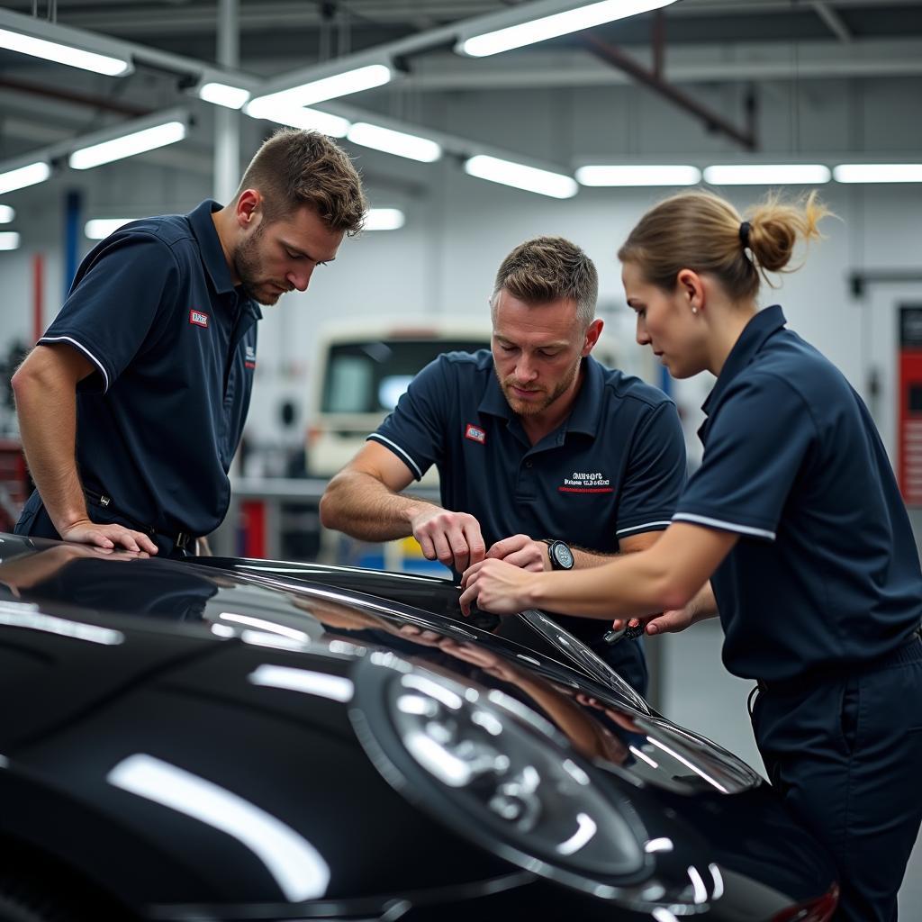 Porsche Werkstatt mit Mechanikern und Hebebühne