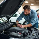 Private Gewährleistung beim Autokauf: Ein Käufer prüft den Motor eines Gebrauchtwagens.