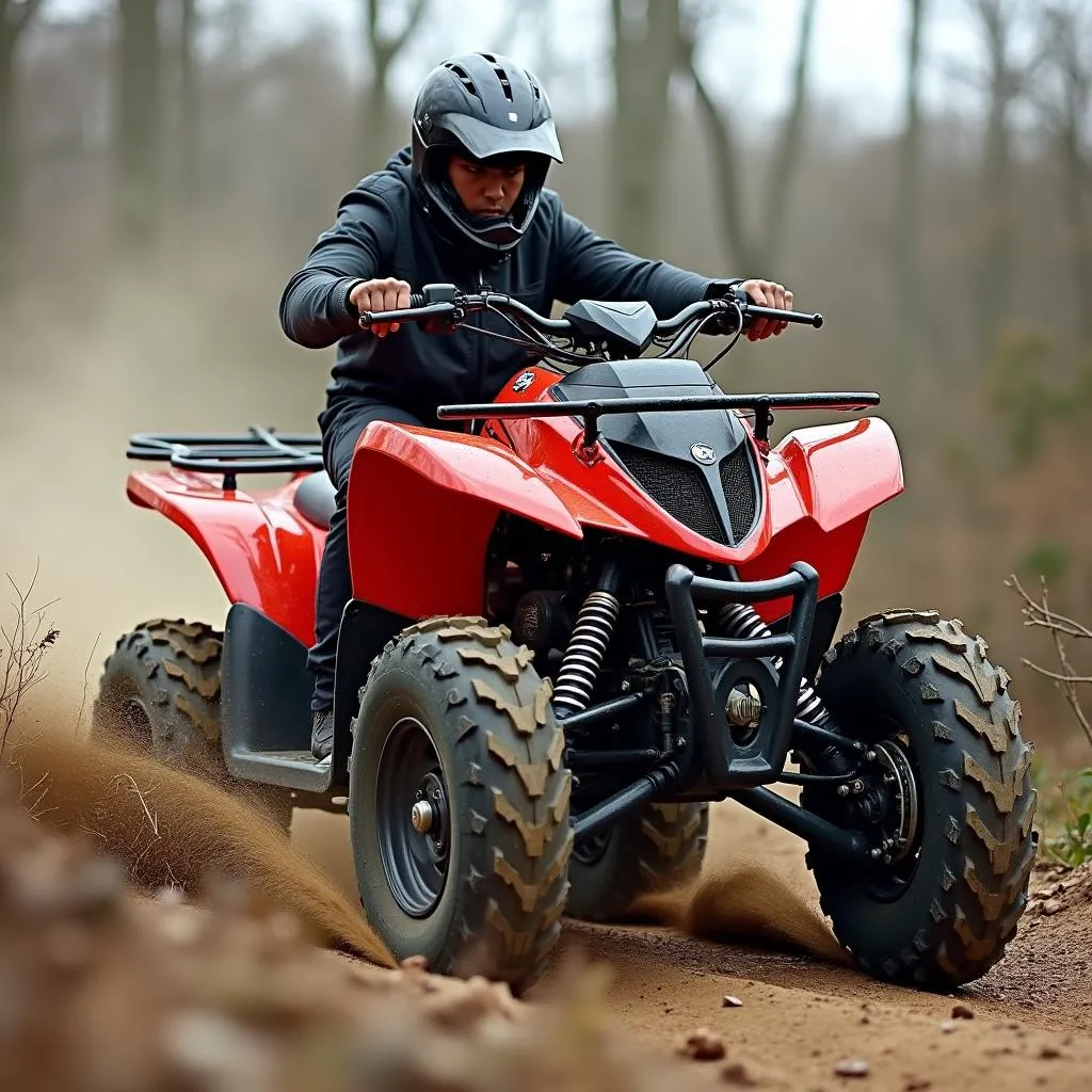 Ein Quad mit Kettenantrieb fährt durch unwegsames Gelände