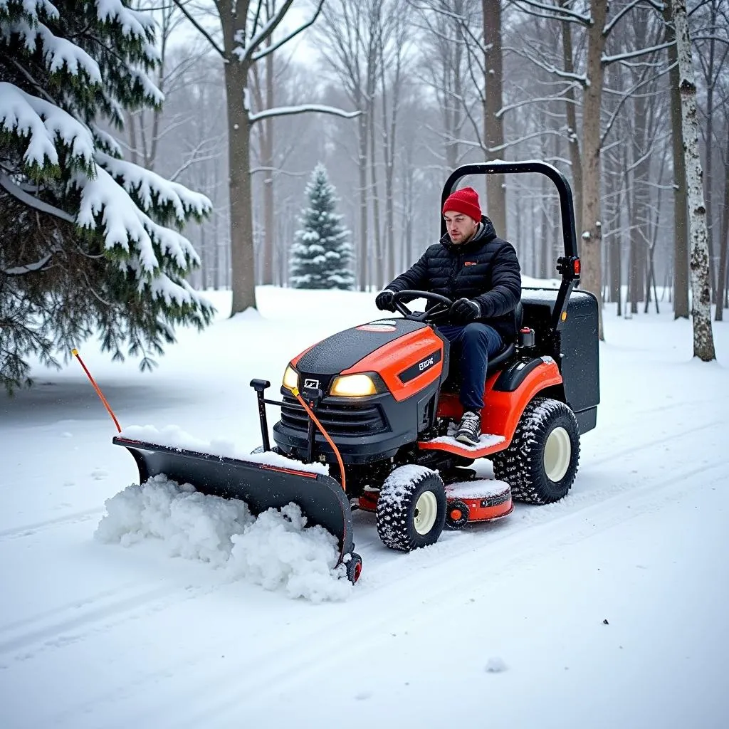 Rasentraktor mit Schneeschild räumt Schnee im Winter