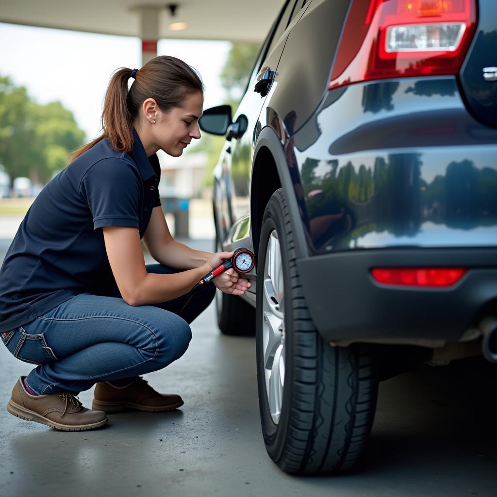 Automobilist controleert de bandenspanning