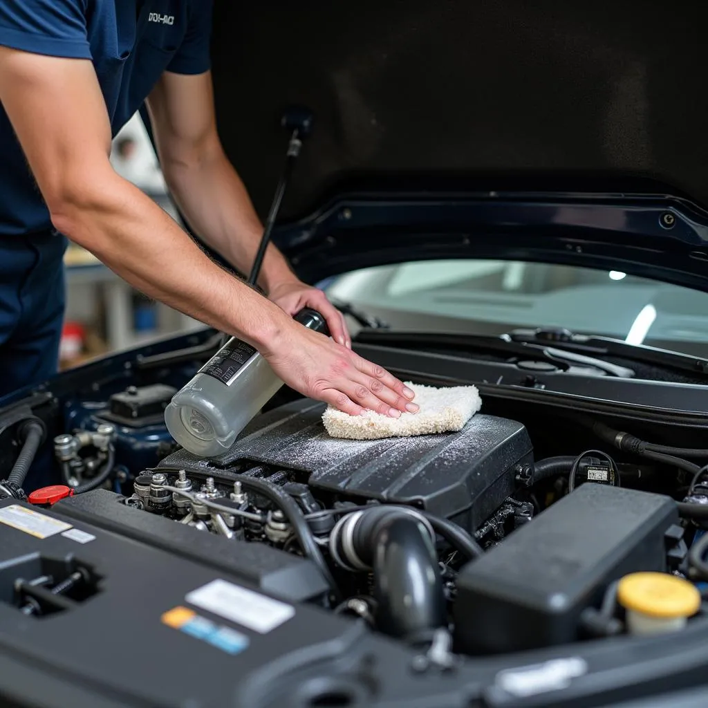 Reinigung des Motorraums mit speziellem Reiniger