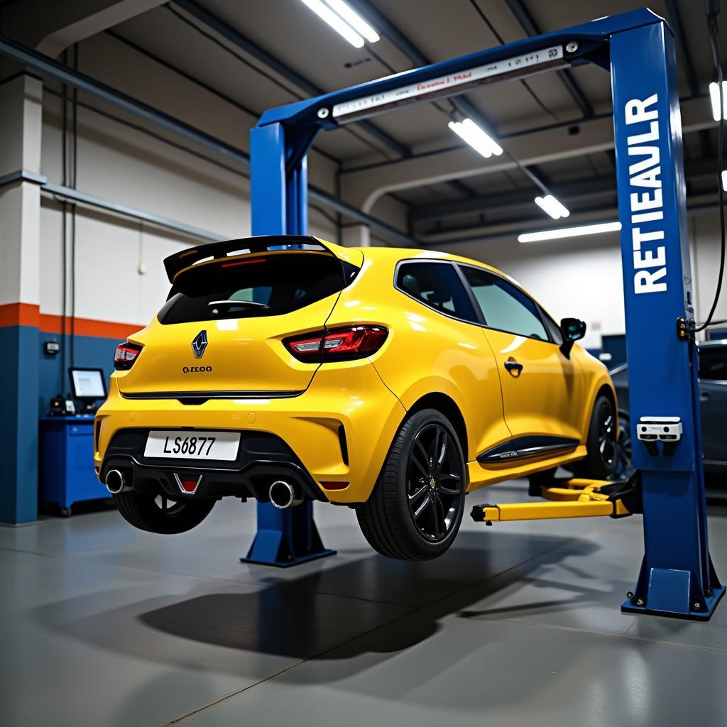 Renault Clio 2 RS sur un pont élévateur dans un garage