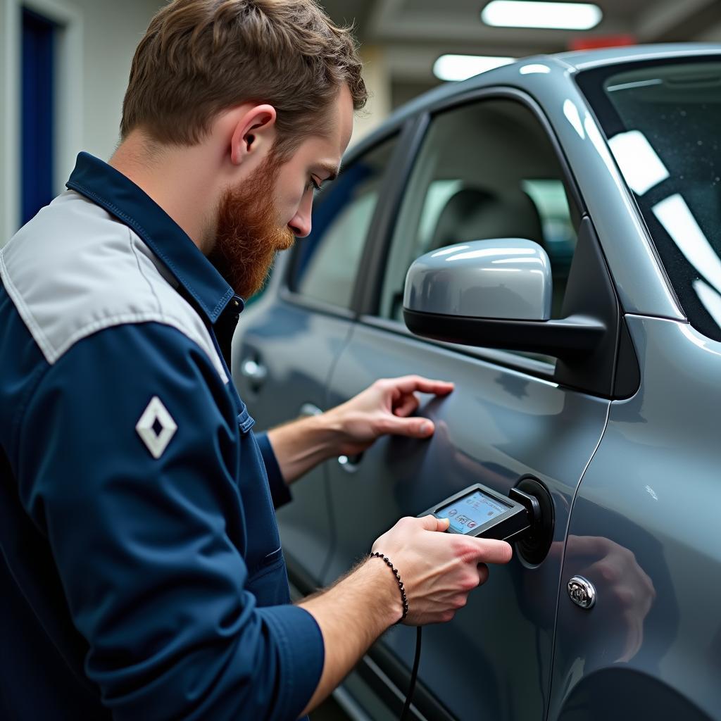 Mechaniker führt eine Fahrzeugdiagnose an einem Renault Twingo durch