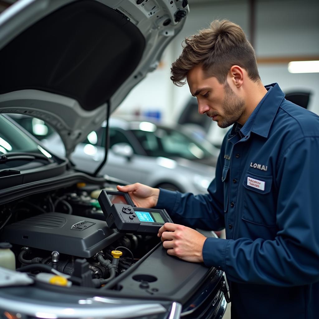 Moderne Diagnosegeräte für die Autoreparatur: Ein Mechaniker verwendet ein Diagnosegerät an einem Motor.