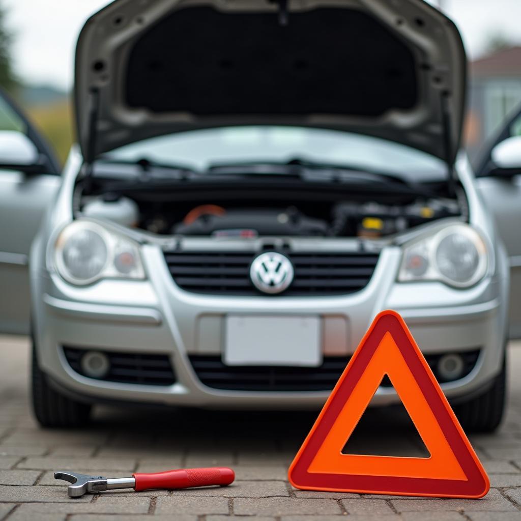 Auto mit Warndreieck und Werkzeugkoffer