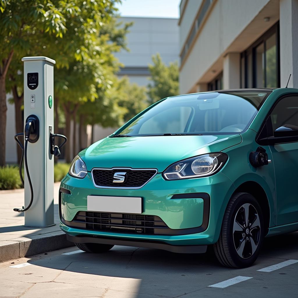 Seat Mii Electric connectée à une borne de recharge sur un parking