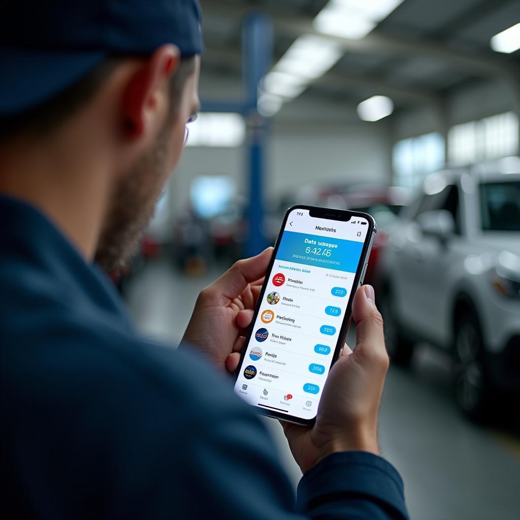 Smartphone zeigt Datenverbrauch in einer Autowerkstatt