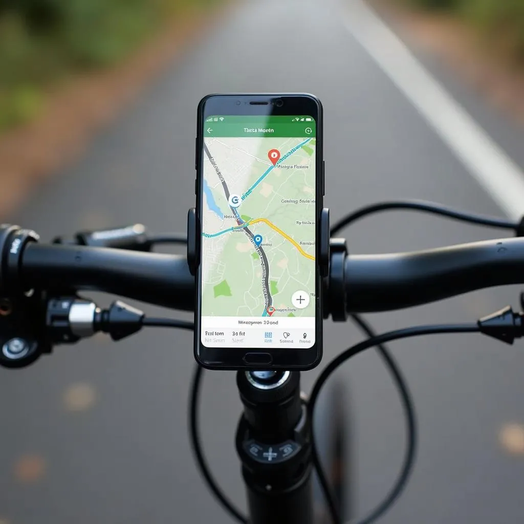 Smartphone mit Navigations-App am Fahrradlenker