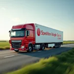 Moderner LKW mit dem Logo von Spedition Vögele Österreich auf der Autobahn unterwegs.